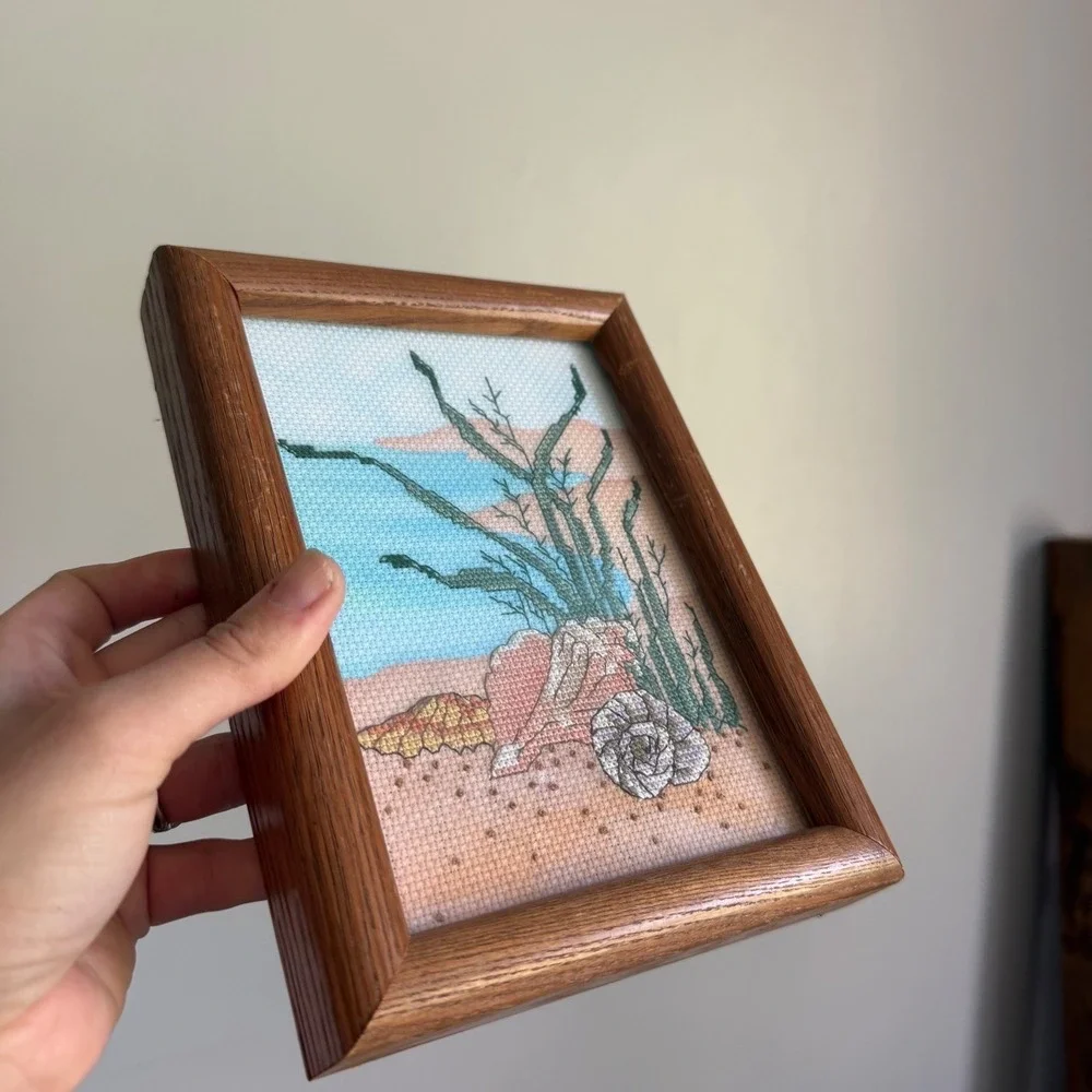 Vintage Framed Cross Stitch Beach Shells Sea‎ Grass Coastal Wall Art Oak Frame